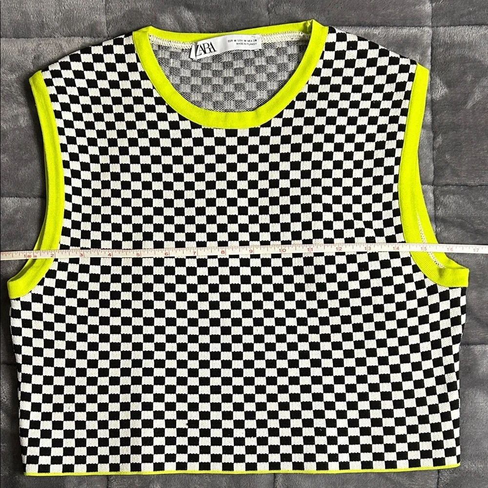 Zara Black and White Checkered Top with Neon Accents - Picture 5 of 8